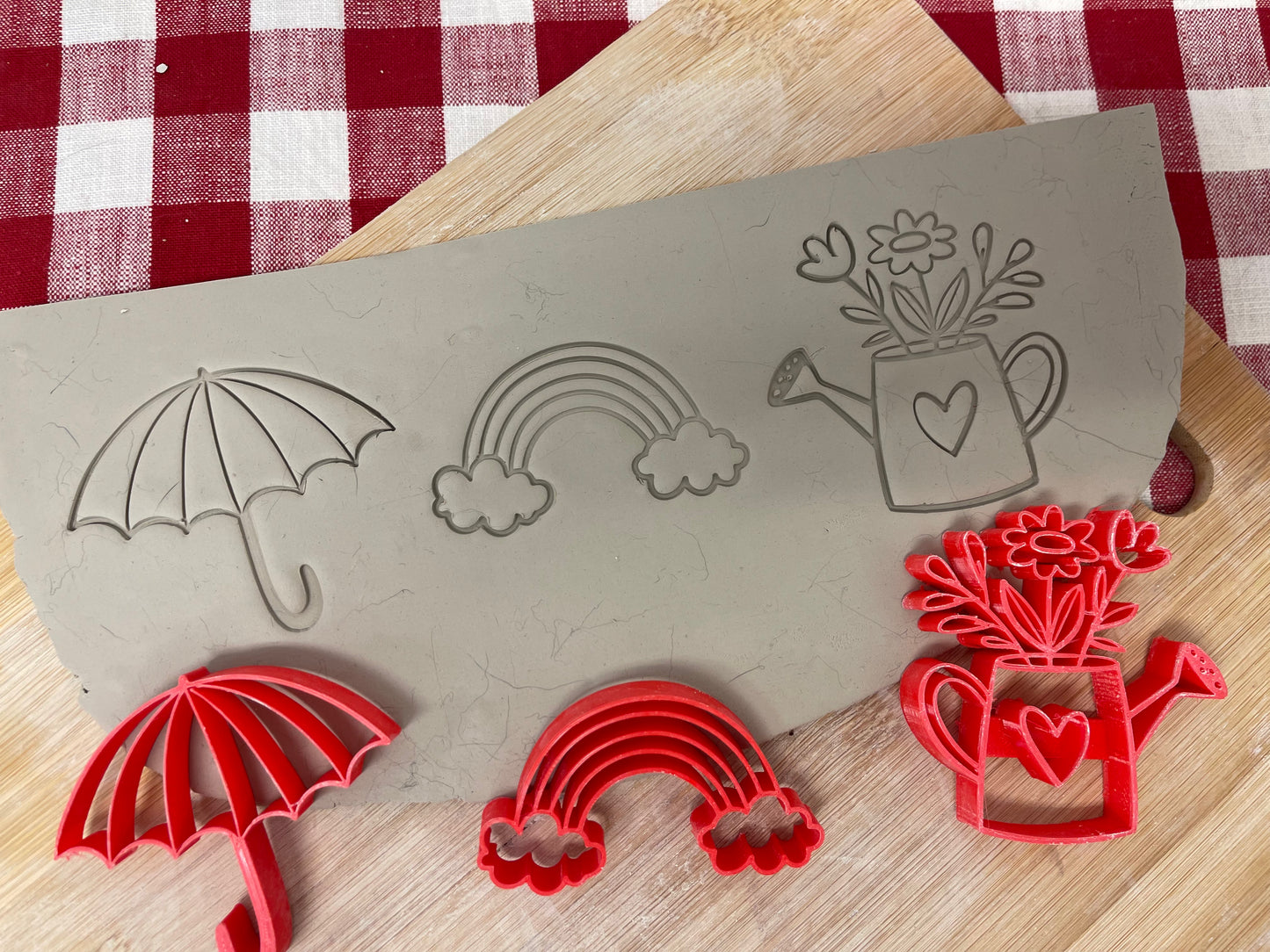 Spring Elements stamp Series - Umbrella, Rainbow, Watering Can flowers designs, each or set, plastic 3D printed