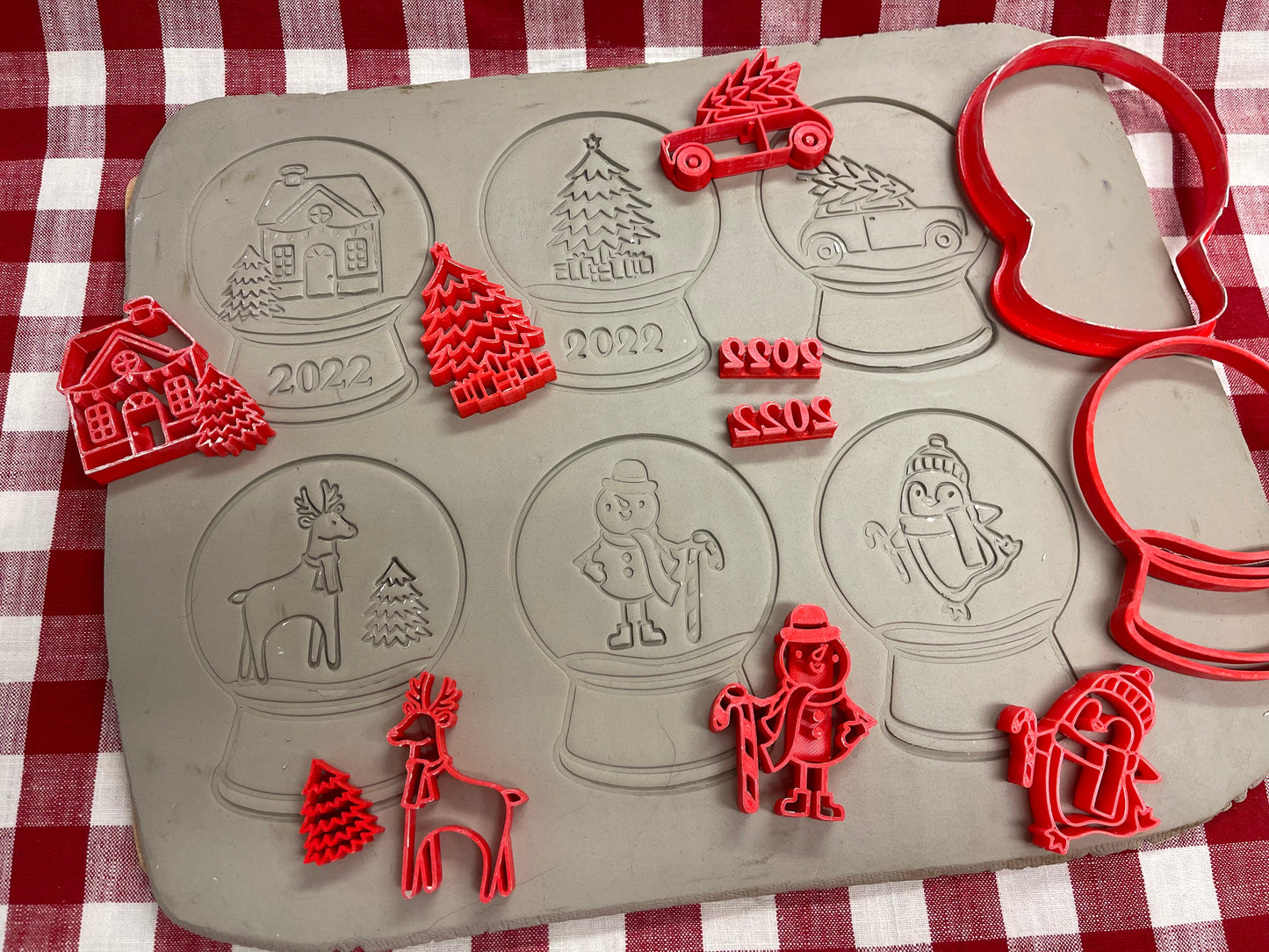 Pottery Stamp, Christmas Snow Globe designs, with multiple designs and optional cookie cutter ornament, as a set or individual - multiple sizes