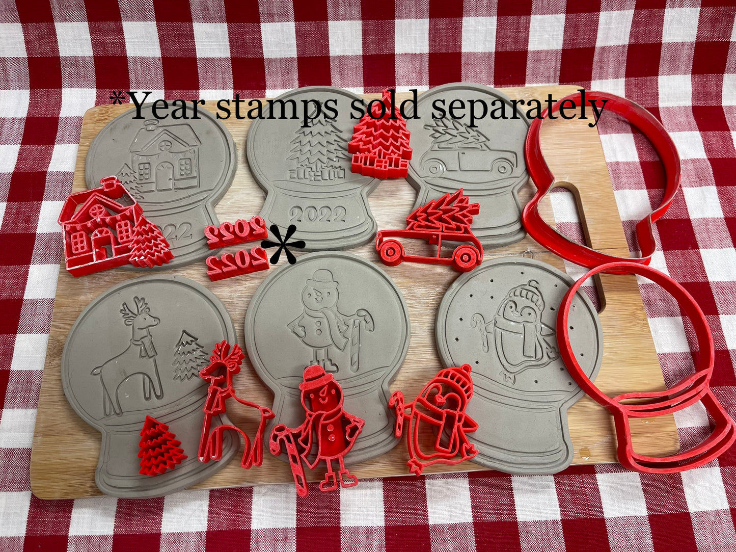 Pottery Stamp, Christmas Snow Globe designs, with multiple designs and optional cookie cutter ornament, as a set or individual - multiple sizes