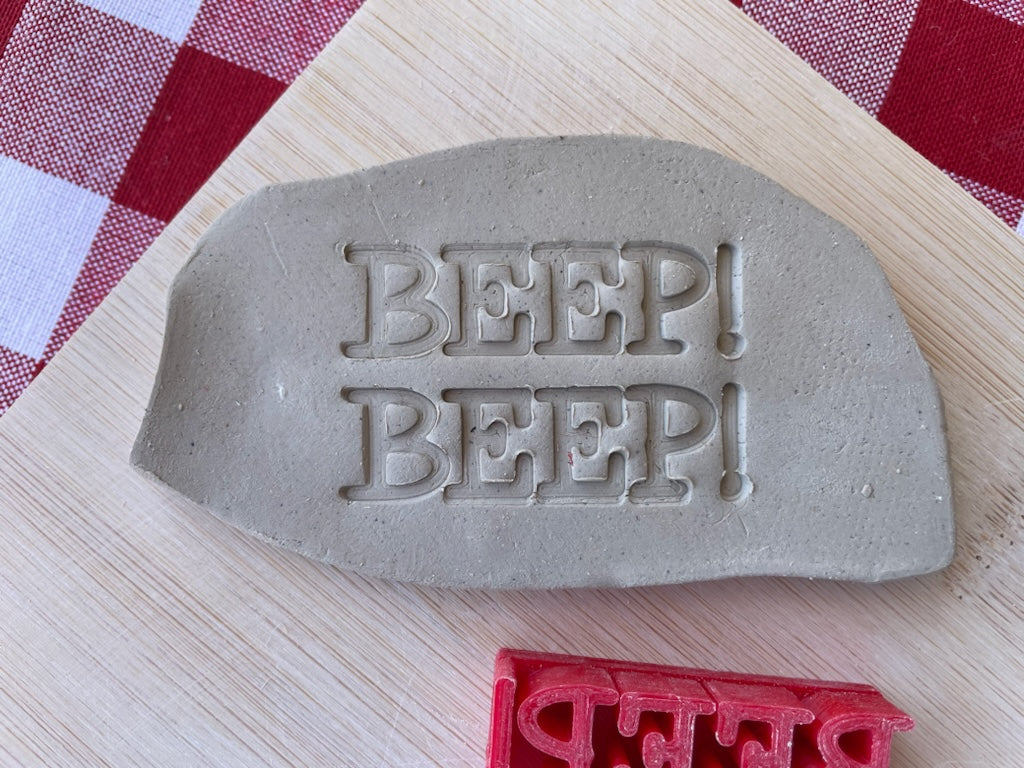 "Beep! Beep!" word stamp, from the April 2024 Boys themed mystery box - multiple sizes available, 3D printed