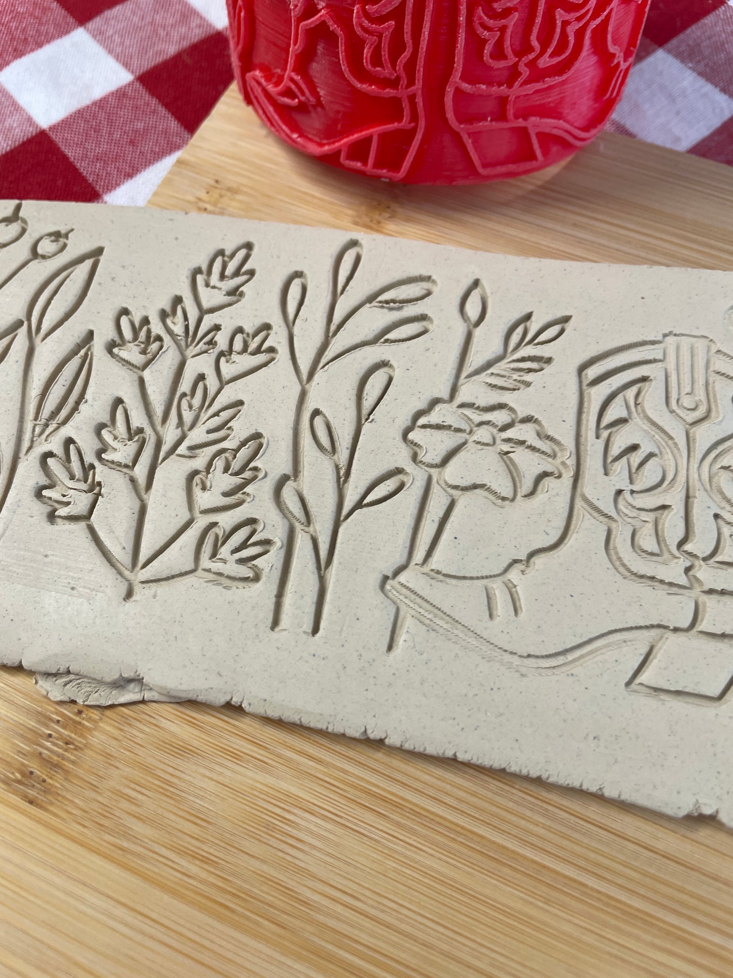 Boots and Wildflowers pattern textured pottery roller - September 2025 Country Western Themed Mystery Box - Border Design, Repeating pattern, Plastic 3d printed