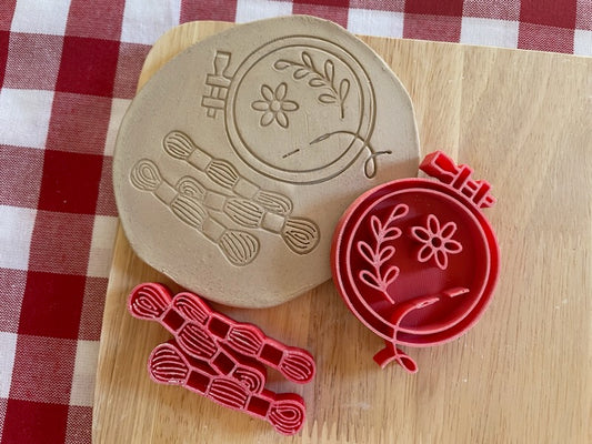 Embroidery Hoop and Floss Pottery stamps, sold as set or each - June 2024 Mystery Box Fiber Arts, plastic 3D printed