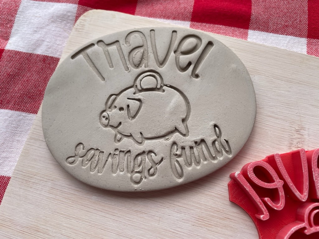 "Travel Savings Fund" word pottery stamp, from the March 2024 Travel mystery box - 3D printed, multiple sizes available