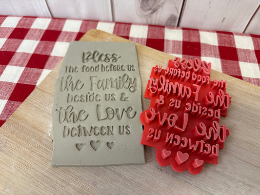"Bless the Food before us, the Family beside us, the Love between us" word stamp - plastic 3D printed, multiple sizes
