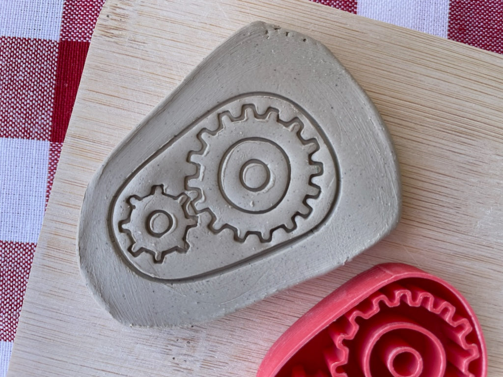 Gears pottery stamp, from the April 2024 Boys Themed mystery box - multiple sizes available, 3D printed