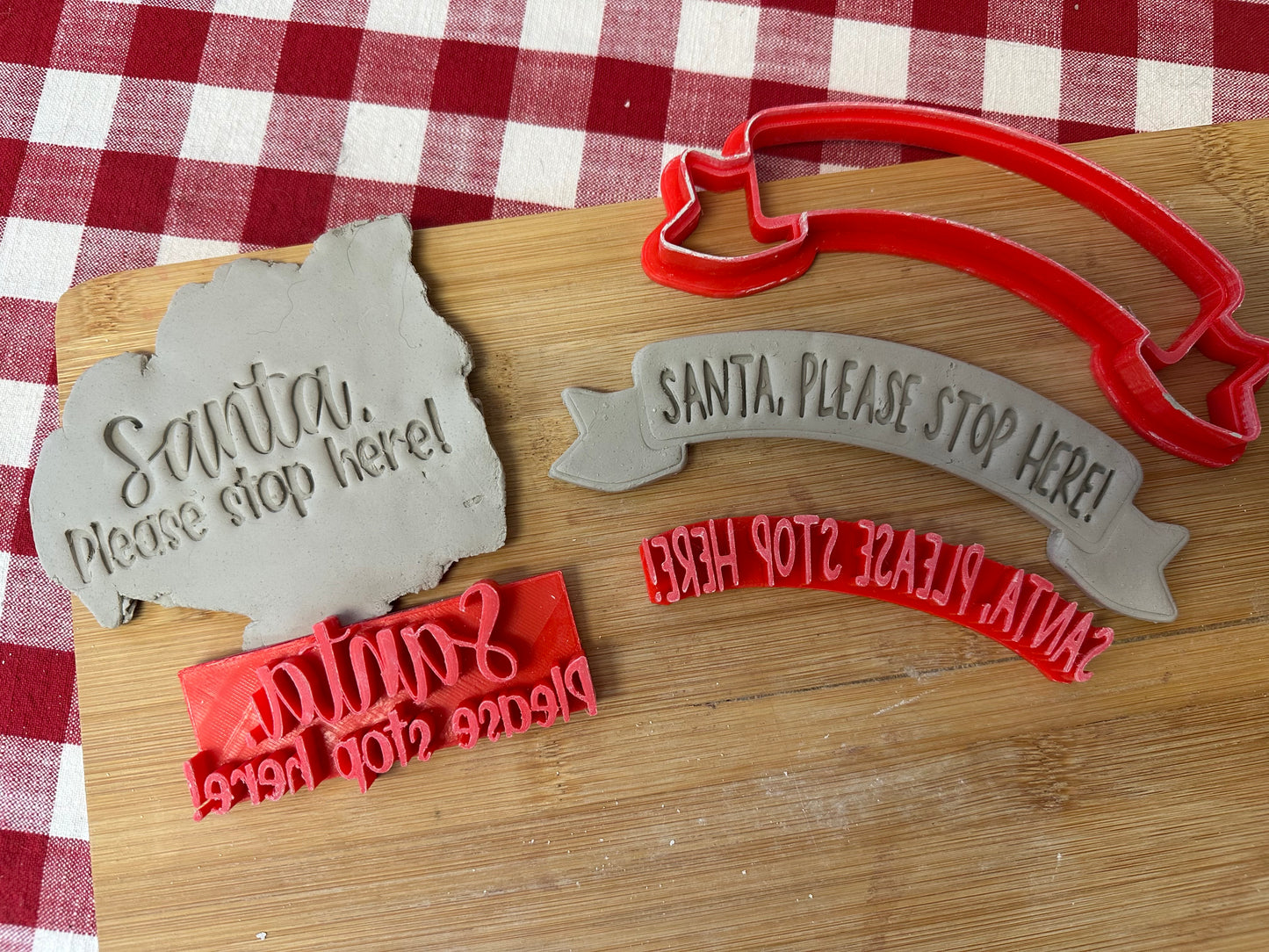 "Santa, Please Stop Here!" word stamp, 2 styles - Pottery Tool, plastic 3d printed, multiple sizes available