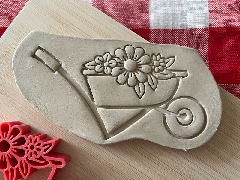 Wheelbarrow with Flowers stamp, from the January 2024 mystery box, plastic 3d printed, multiple sizes available