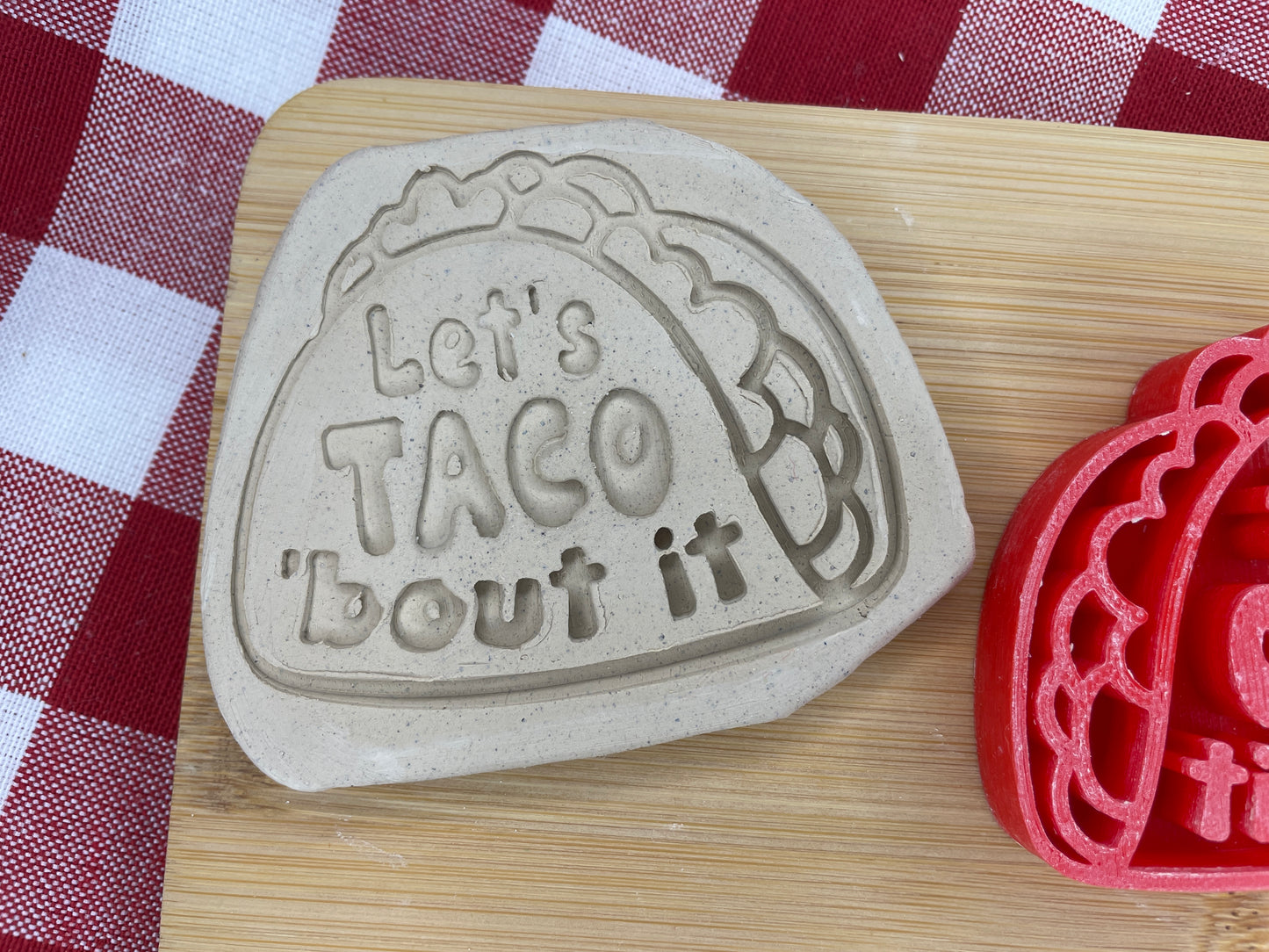"Let's TACO 'bout it" Pottery Word Stamp - Fiesta Party themed April 2025 Mystery Box, multiple sizes available