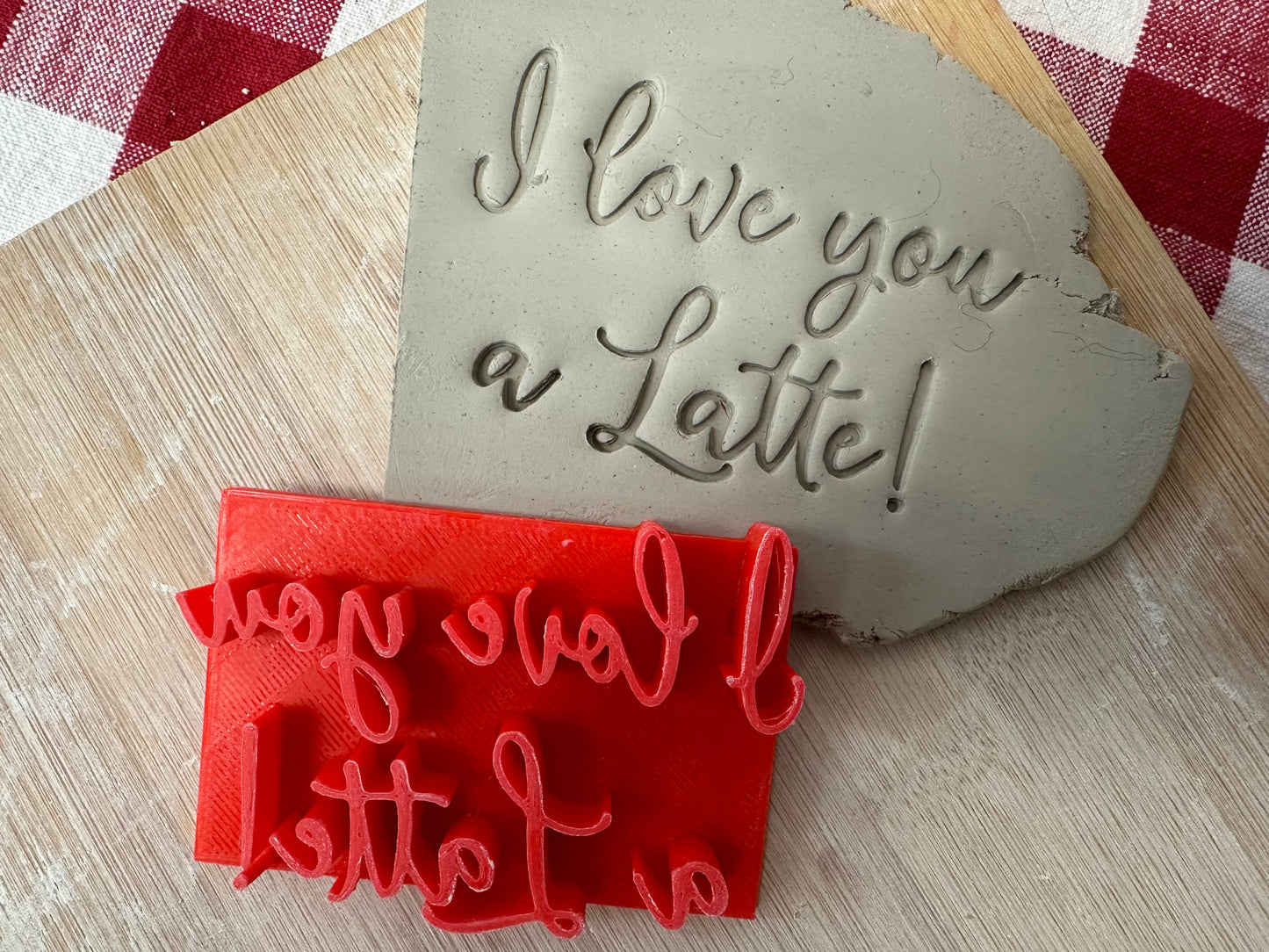 "I love you a Latte!" word stamp - plastic 3D printed, multiple sizes, Punny Valentine