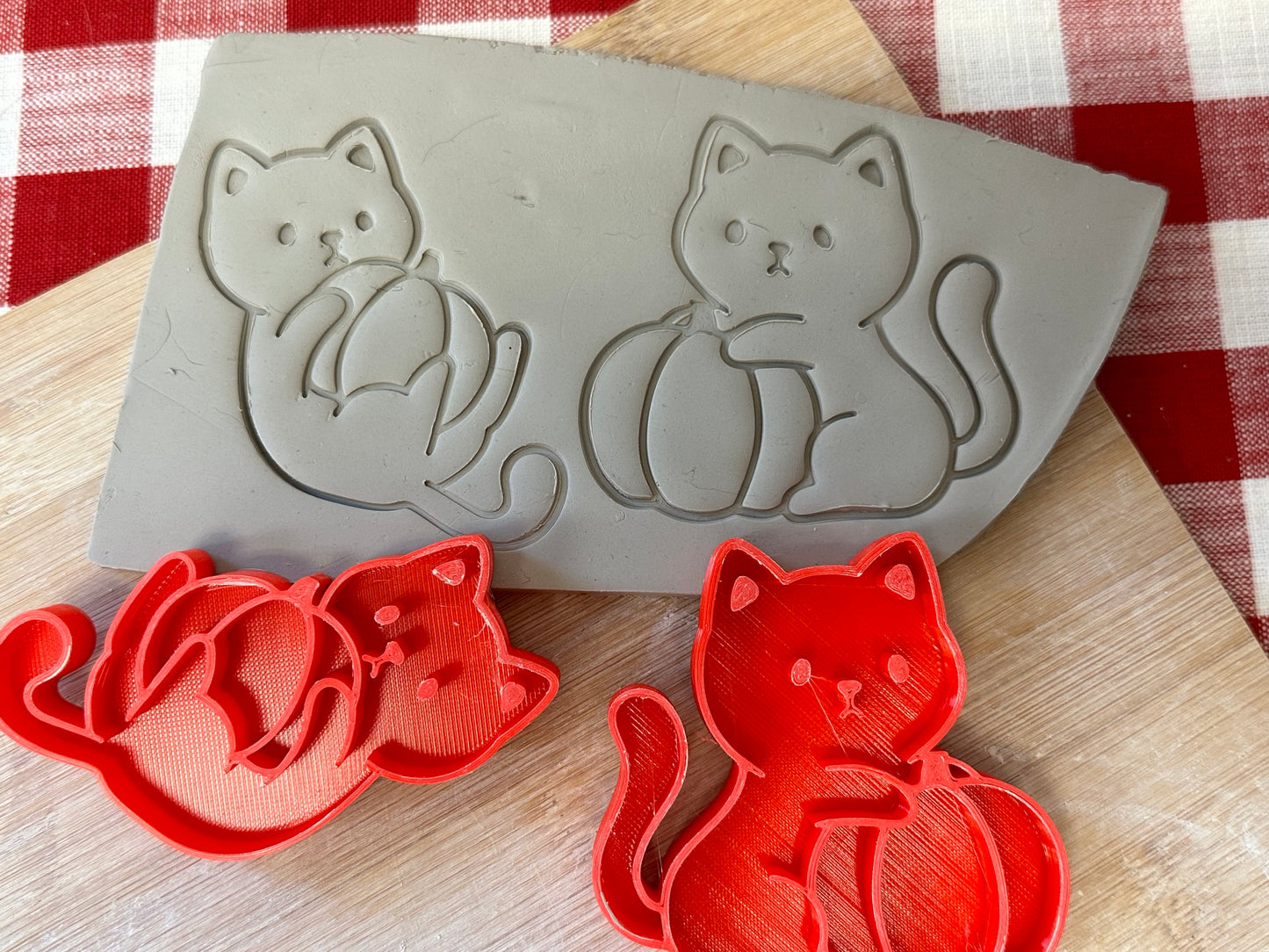 Fall Cat with Pumpkin Pottery Stamp - 3D Printed, each or set
