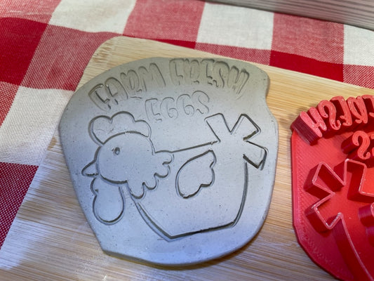 Chicken "Fresh Farm Eggs" word stamp - December 2023 mystery box, plastic 3d printed, multiple sizes available