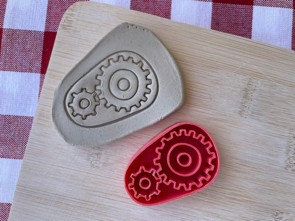 Gears pottery stamp, from the April 2024 Boys Themed mystery box - multiple sizes available, 3D printed