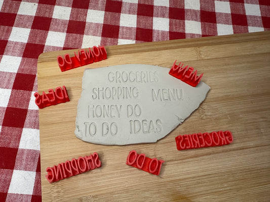 Dry Erase board, Signs and Magnet Words Pottery Stamps - To Do, Menu, Groceries, Honey Do, Notes, Shopping, Ideas, Memo, 3D Printed, each or set