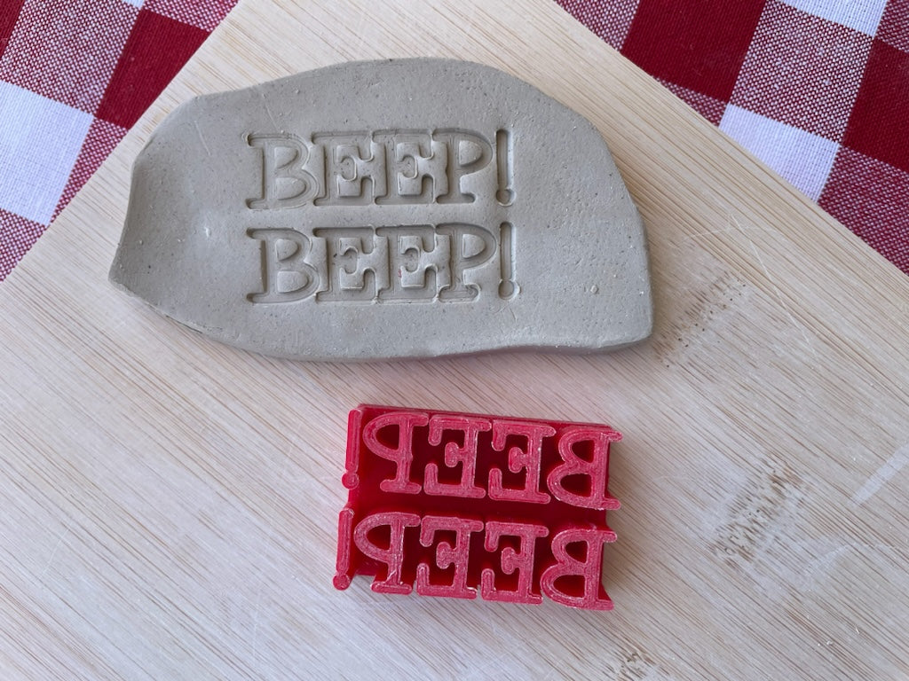 "Beep! Beep!" word stamp, from the April 2024 Boys themed mystery box - multiple sizes available, 3D printed