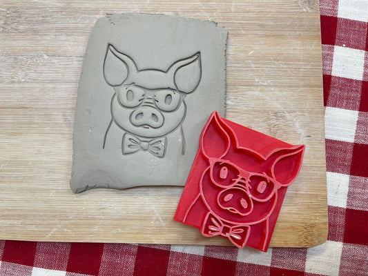 Pig Face w/ Bowtie and Glasses Pottery Stamp - Pottery Tool, plastic 3d printed, multiple sizes available