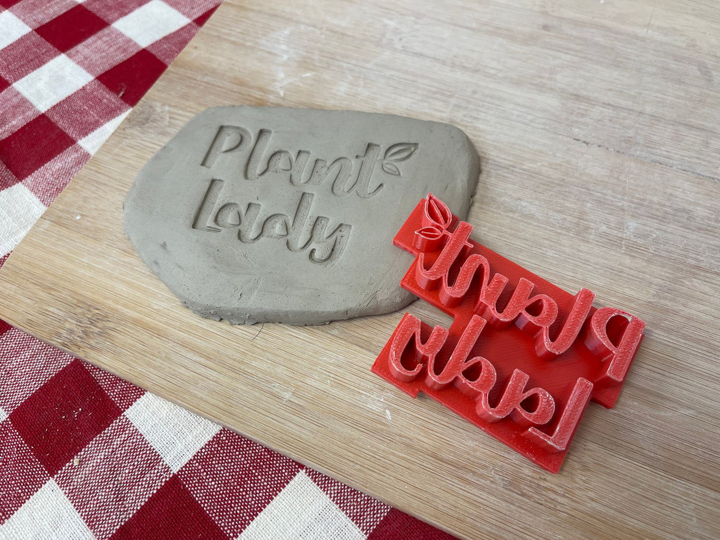 "Plant Lady" with leaves word Pottery stamp - plastic 3D printed, multiple sizes
