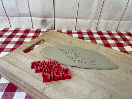 Cheese Stake Words Pottery Stamps - Brie, Gouda, Cheddar, etc, 3D Printed, each