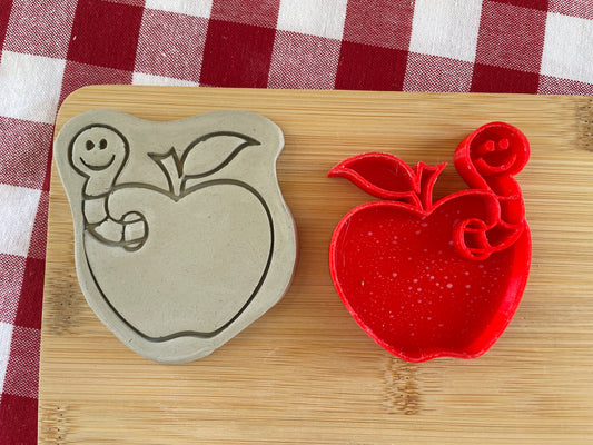 Apple with Worm Pottery Stamp - August 2025 - Back to School Themed Mystery Box, multiple sizes available