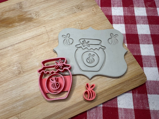 Bee Honey Jar and Bee (sideview) Pottery Stamps - December 2023 Mystery Box, Plastic 3D printed, multiple sizes available, each