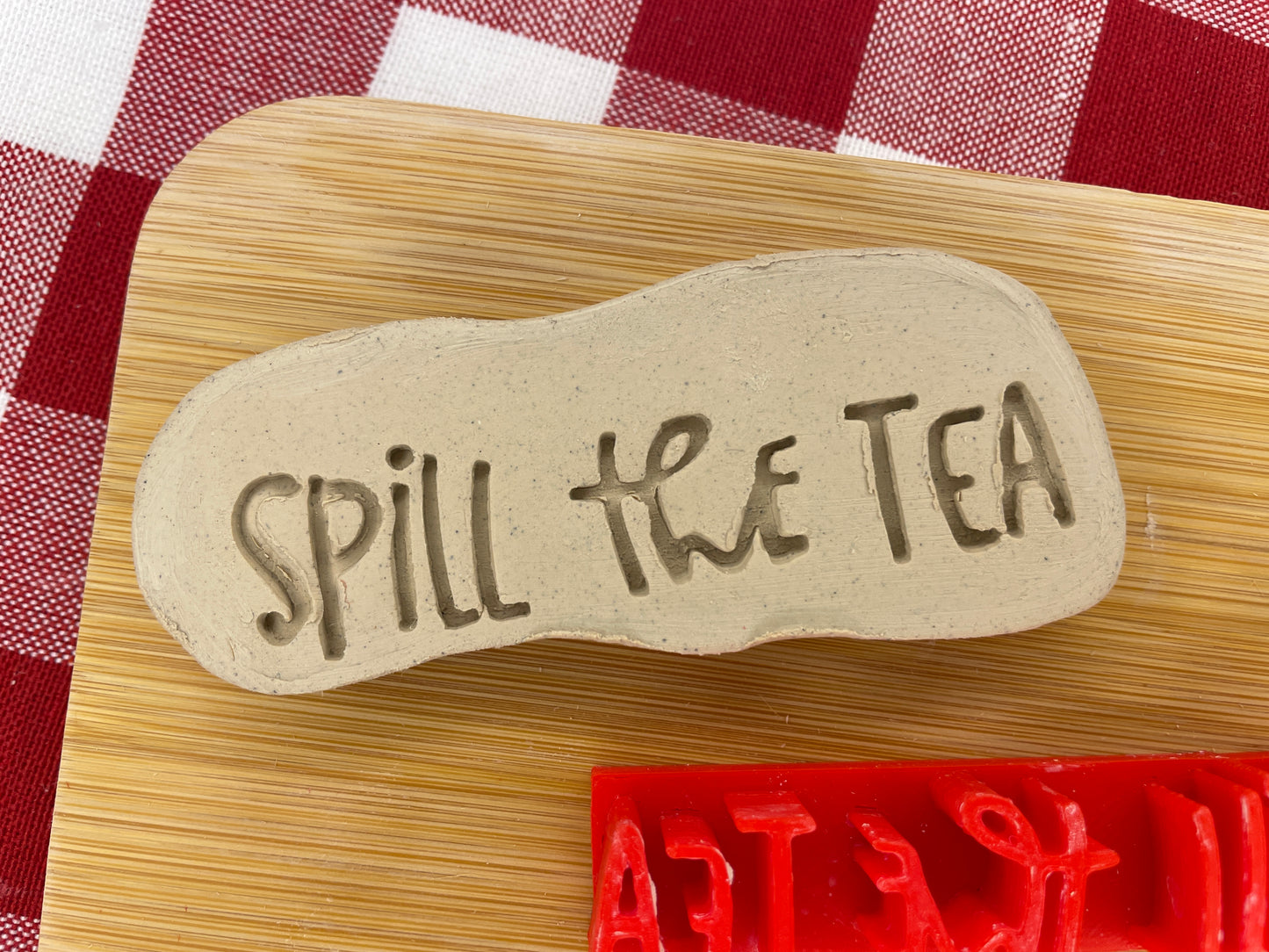 "Spill the Tea" Word Pottery Stamp - Teenagers themed January 2025 Mystery Box, multiple sizes available