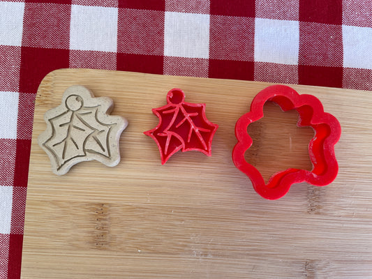 Holly stamp with optional cookie cutter - plastic 3D printed, multiple sizes