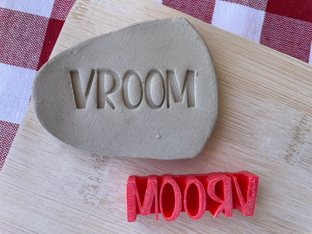"Vroom" word stamp, from the April 2024 Boys themed mystery box - multiple sizes available, 3D printed