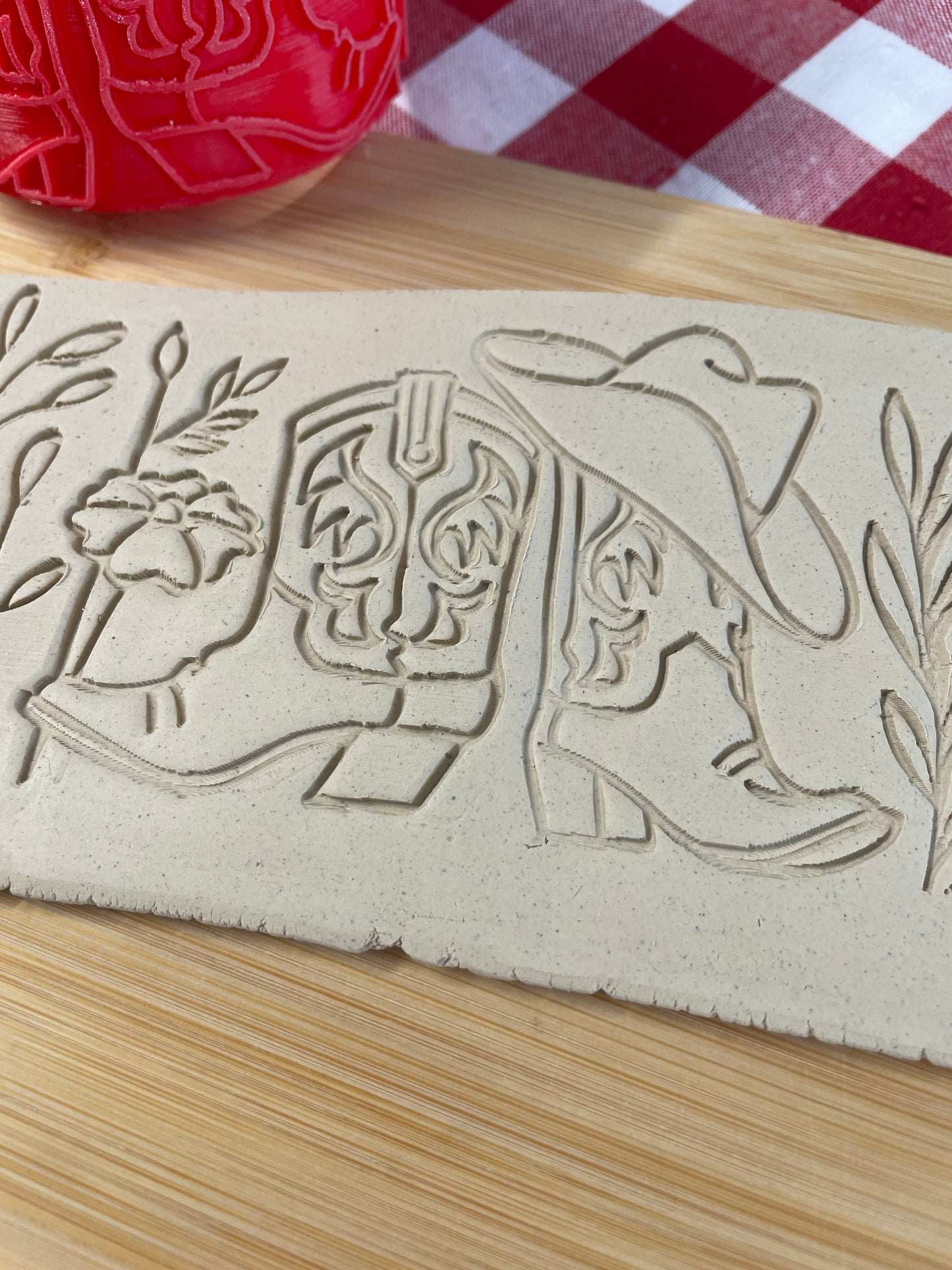 Boots and Wildflowers pattern textured pottery roller - September 2025 Country Western Themed Mystery Box - Border Design, Repeating pattern, Plastic 3d printed