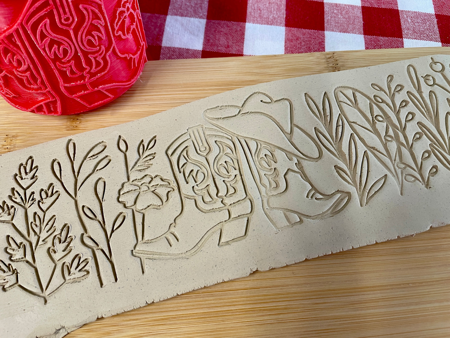 Boots and Wildflowers pattern textured pottery roller - September 2025 Country Western Themed Mystery Box - Border Design, Repeating pattern, Plastic 3d printed