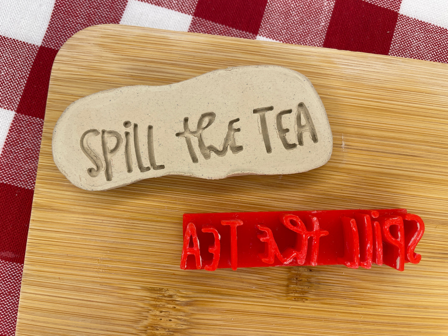 "Spill the Tea" Word Pottery Stamp - Teenagers themed January 2025 Mystery Box, multiple sizes available