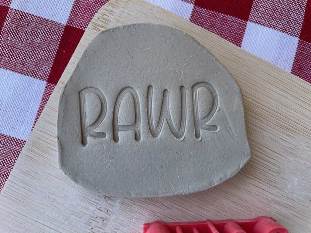 "Rawr" word stamp, from the April 2024 Boys themed mystery box - multiple sizes available, 3D printed