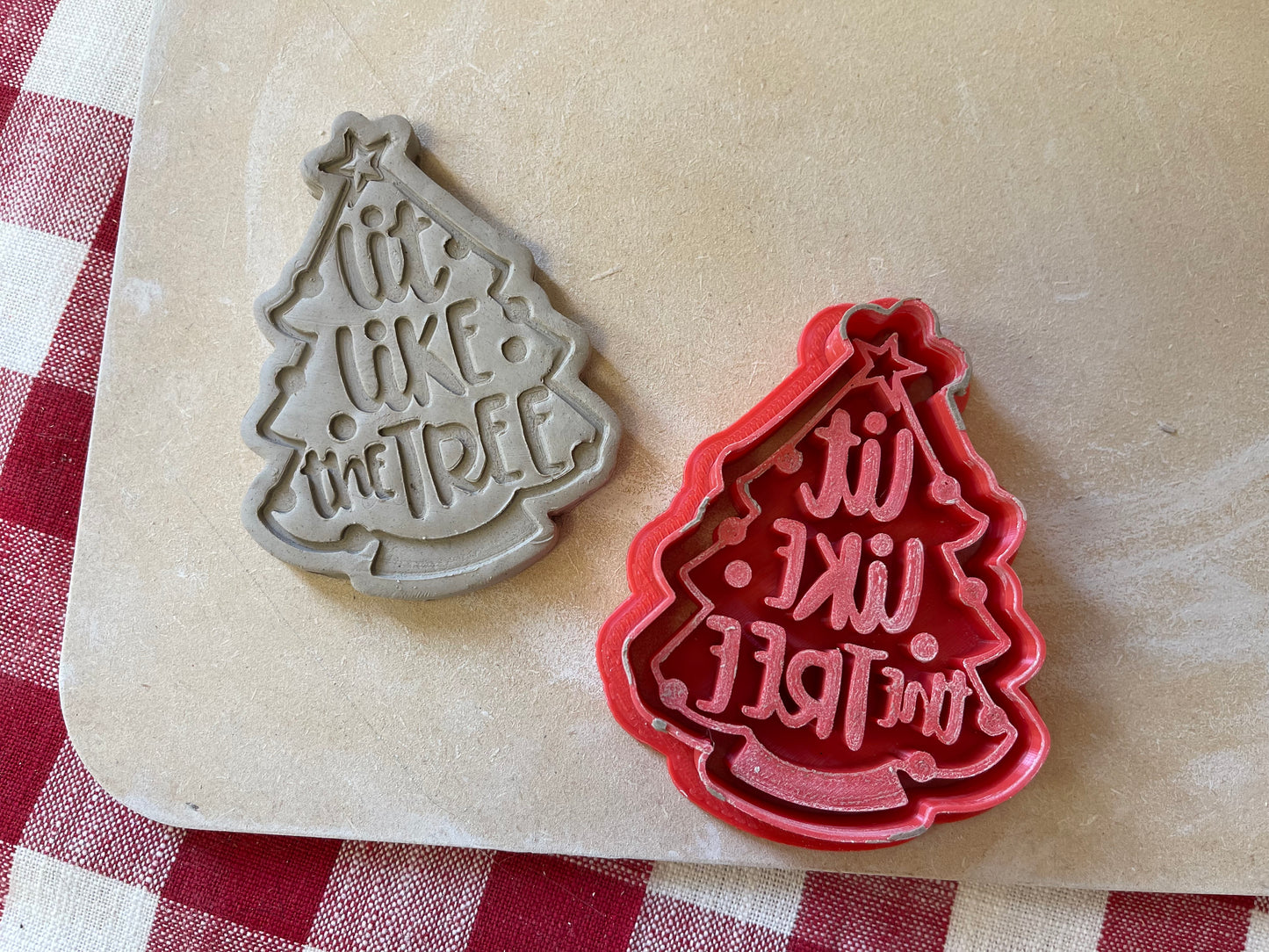 "Lit like the Tree" or plain Christmas tree pottery stamp w/ optional ornament cutter - Pottery Tool, plastic 3d printed, multiple sizes available
