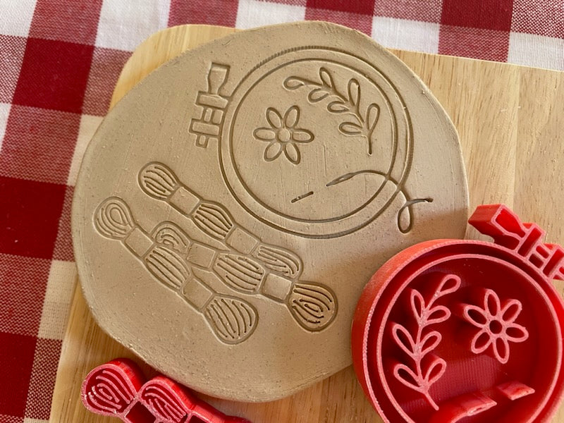 Embroidery Hoop and Floss Pottery stamps, sold as set or each - June 2024 Mystery Box Fiber Arts, plastic 3D printed