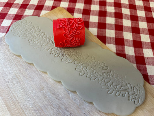 Christmas Greenery and berries Pottery Roller - Border Stamp, Repeating pattern, Plastic 3d printed