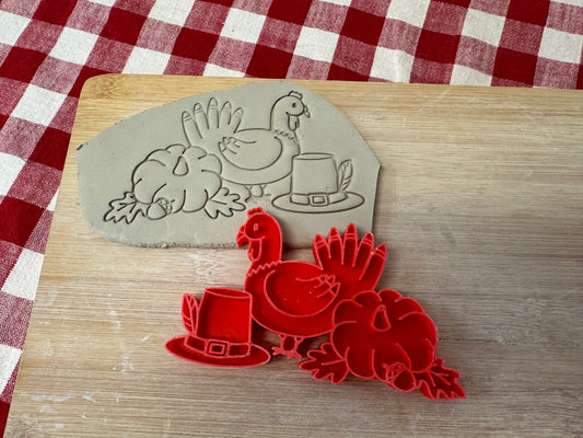 Thanksgiving Stamp Series - Turkey with Hat and Pumpkin stamp, plastic 3D printed, multiple sizes