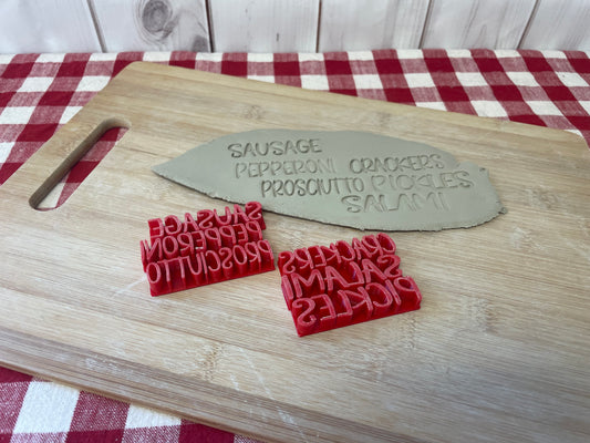 Charcuterie Stake Words Pottery Stamps - Salami, Crackers, Pickles, etc, 3D Printed, each