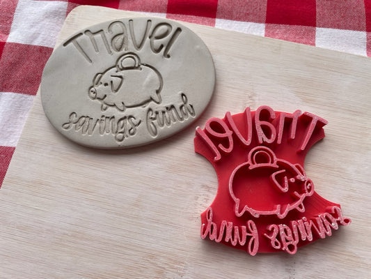 "Travel Savings Fund" word pottery stamp, from the March 2024 Travel mystery box - 3D printed, multiple sizes available