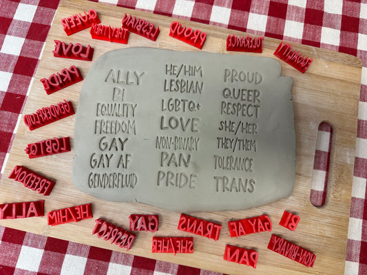 Pride Words Pottery Stamps - LGBTQ+, Ally, Proud, Gay, She/Her, etc, 3D Printed, choose word