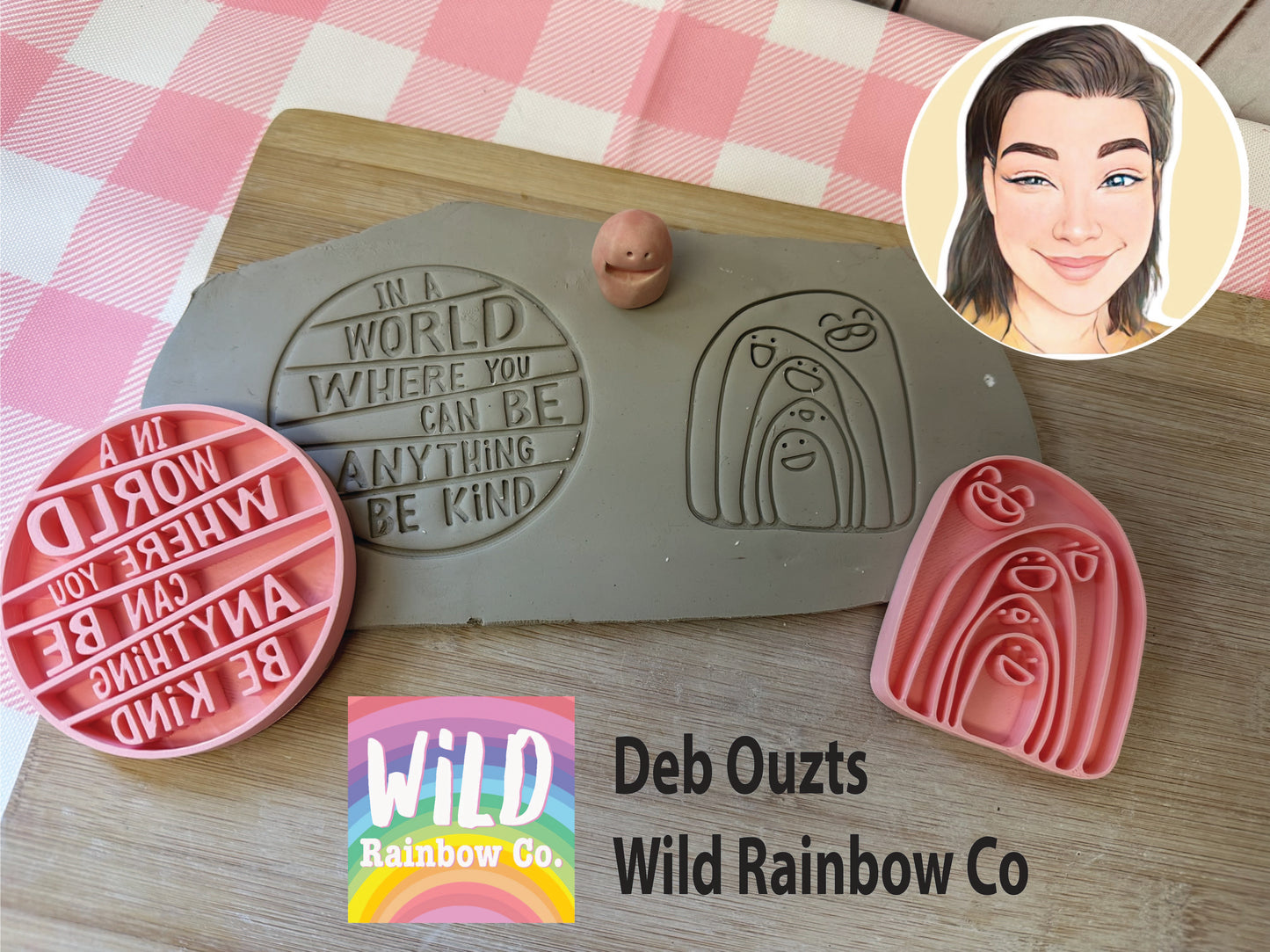 Deb Ouzts collaboration design Nugget stamps, Rainbow Nuggets and word stamp "In a world where you can be anything Be Kind" Pottery Stamp for Charity, Limited edition Pink, 100% of sale is donated to Deb for Breast cancer medical bills