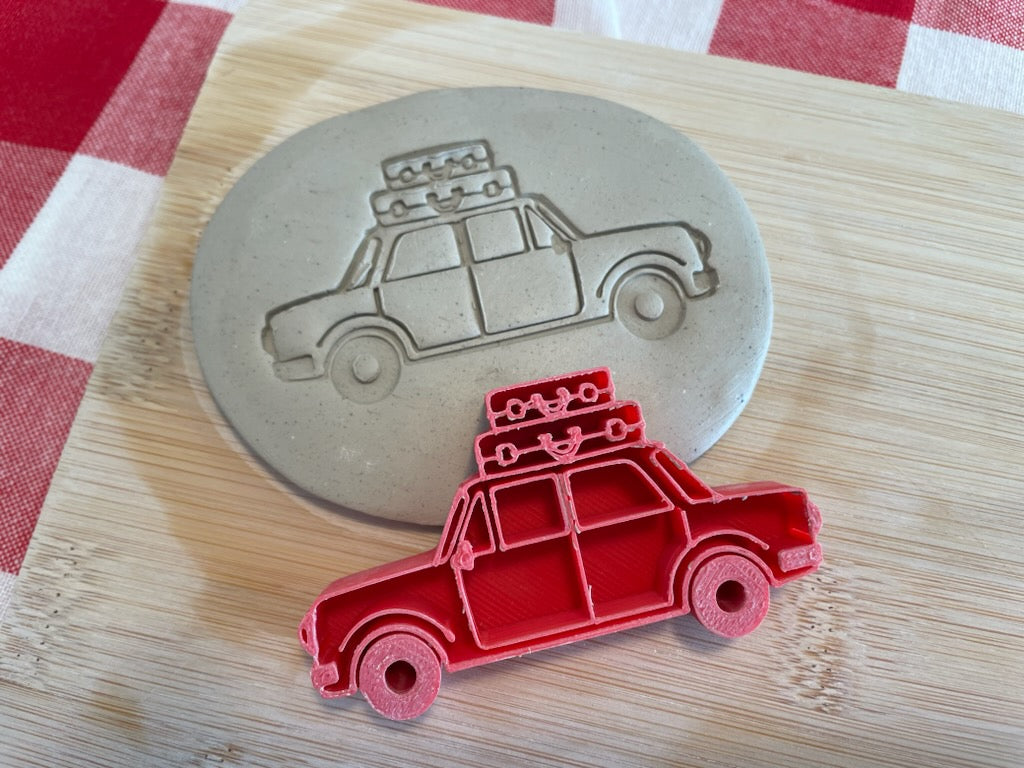 Car with Luggage pottery stamp, from the March 2024 Travel mystery box - multiple sizes available, 3D printed