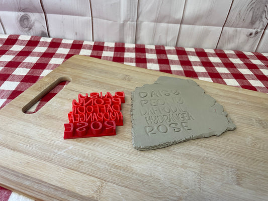 Flower Garden Stake Words Pottery Stamps - Daffodil, Peony, Rose, etc, 3D Printed, each