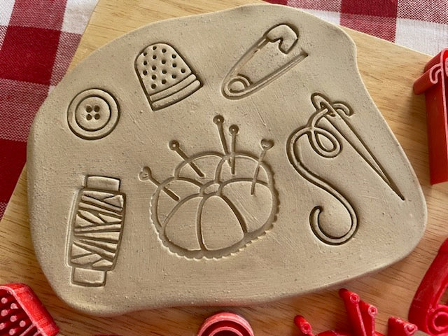 Sewing Basics pottery stamps, sold as set of 6 or individually - June 2024 mystery box, plastic 3D printed