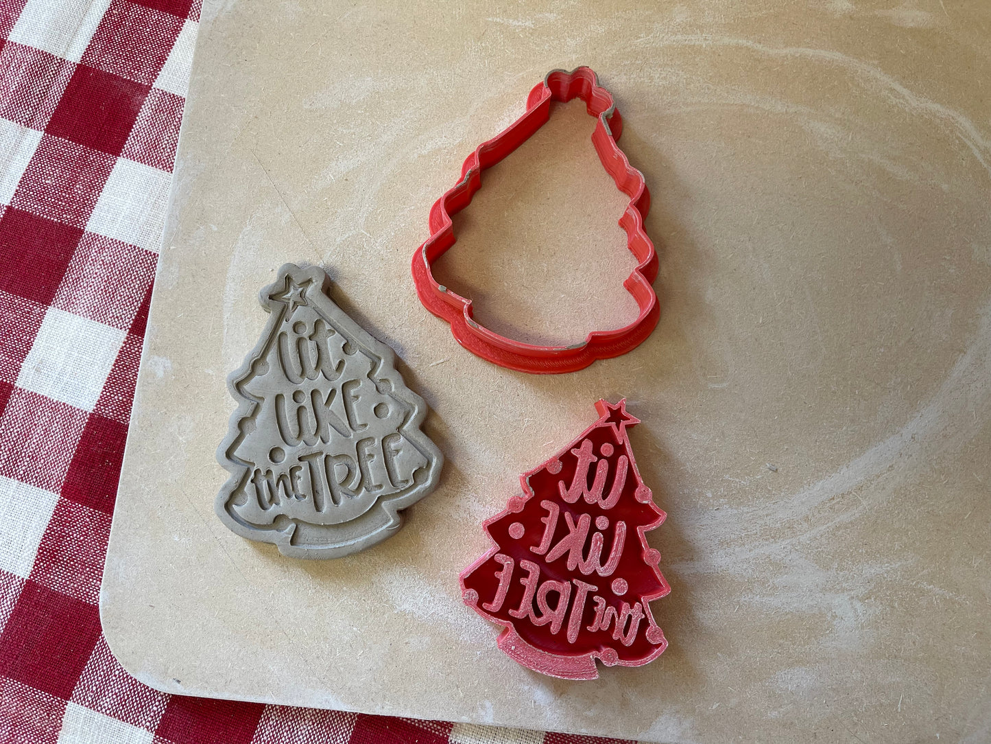 "Lit like the Tree" or plain Christmas tree pottery stamp w/ optional ornament cutter - Pottery Tool, plastic 3d printed, multiple sizes available