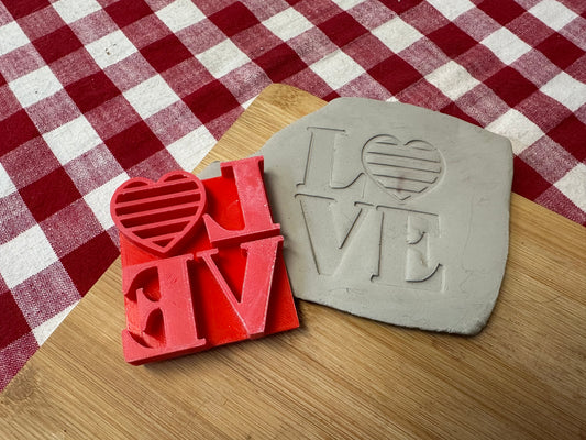 LOVE word with Rainbow Striped Heart Pottery Stamp - multiple sizes