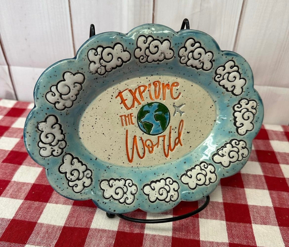 "Explore the World" word pottery stamp, from the March 2024 Travel mystery box - multiple sizes available, 3D printed