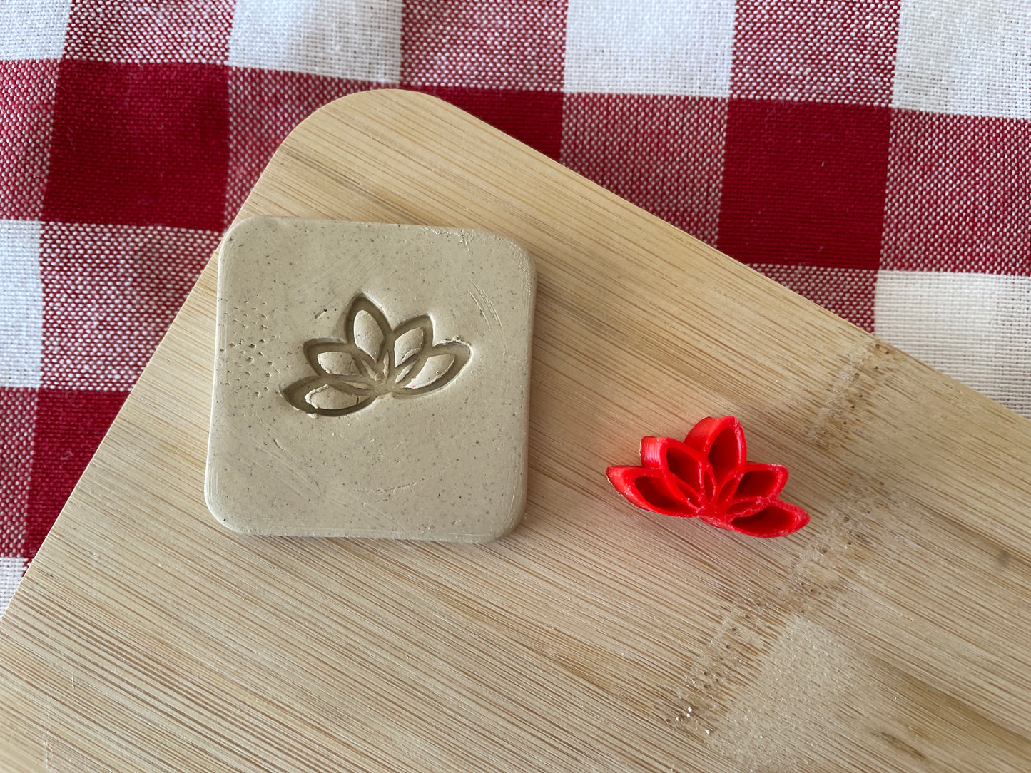 Mini Decorative Lotus Flourish Pottery Stamp - July 2024 stamp of the month, plastic 3D printed, multiple sizes