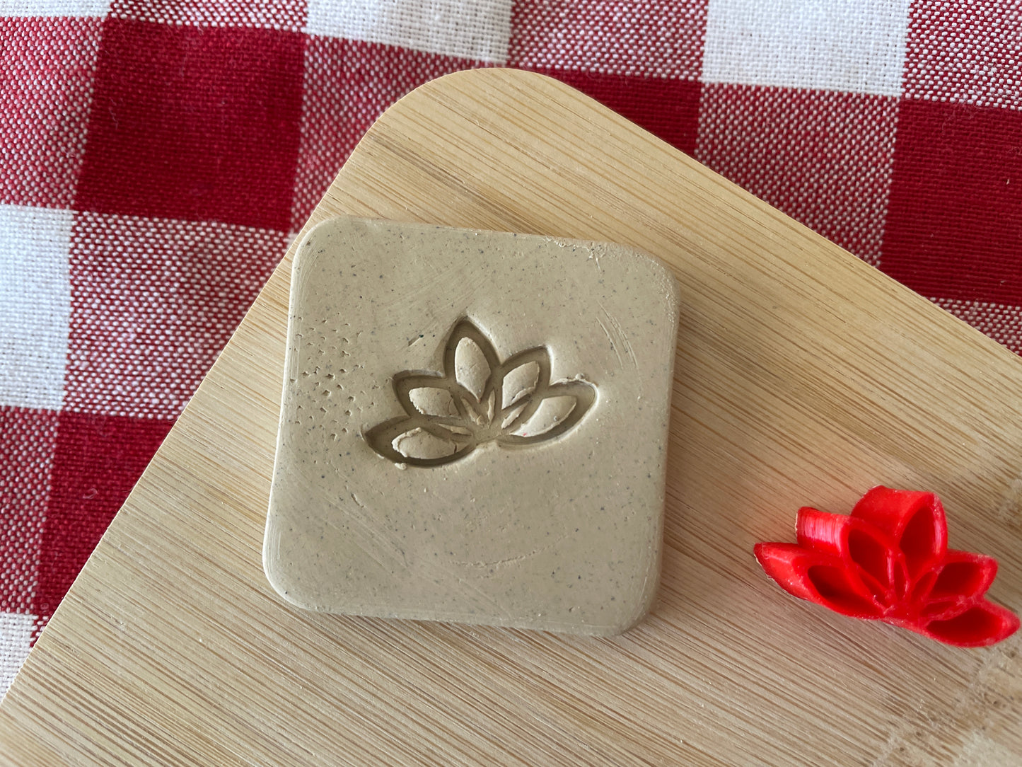 Mini Decorative Lotus Flourish Pottery Stamp - July 2024 stamp of the month, plastic 3D printed, multiple sizes