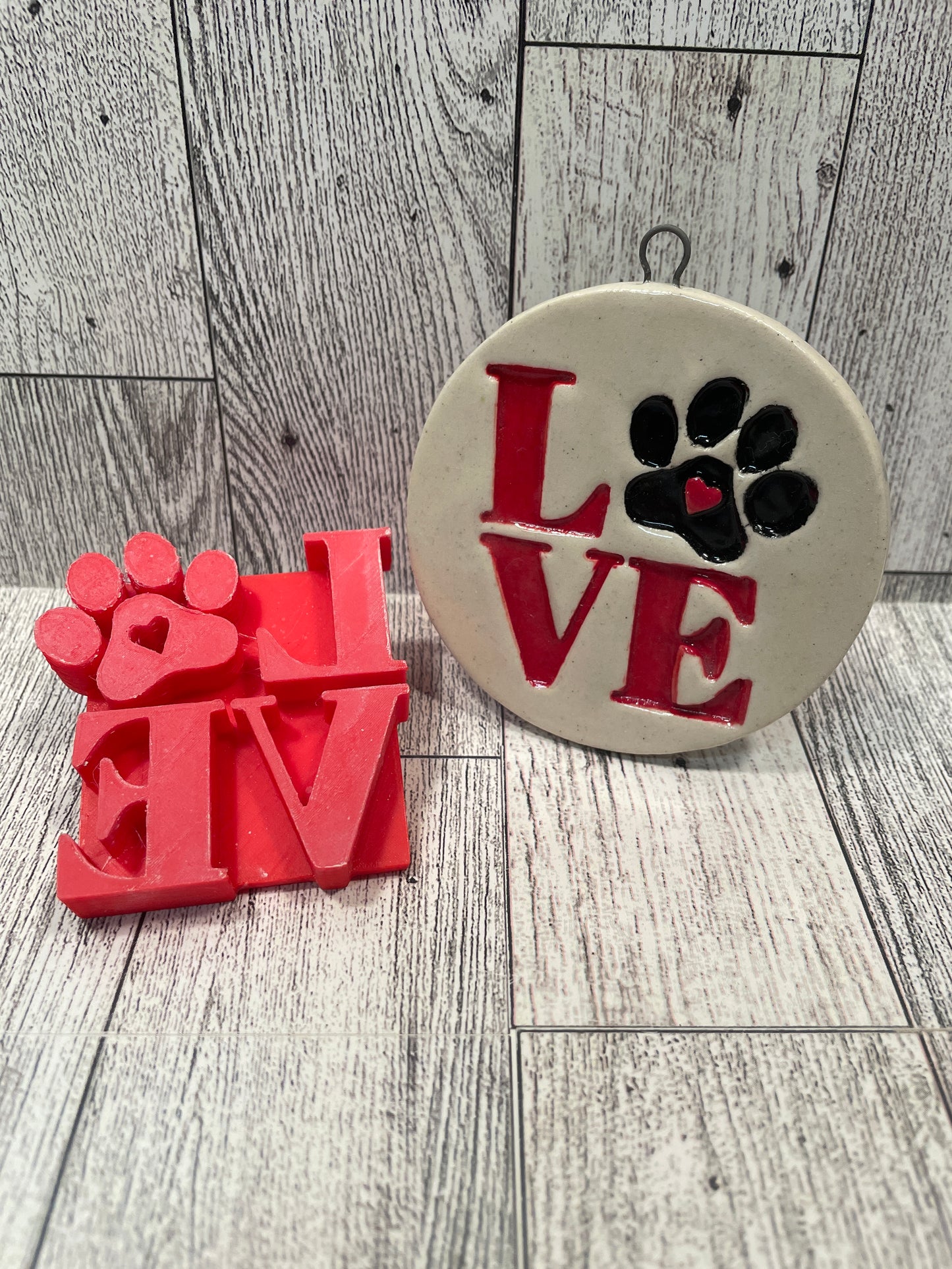 2.5" LOVE with Paw print word design, Pottery Stamp for Charity, Limited edition Purple, all money is donated to a local animal shelter