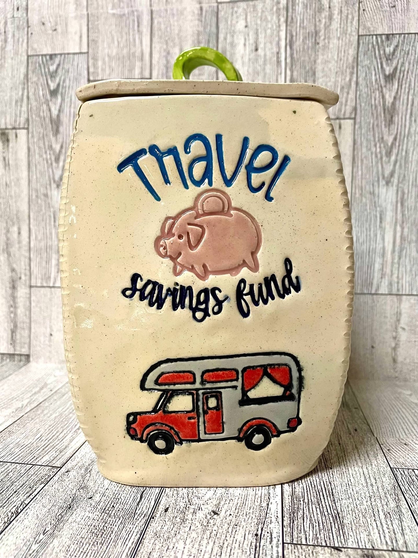 "Travel Savings Fund" word pottery stamp, from the March 2024 Travel mystery box - 3D printed, multiple sizes available