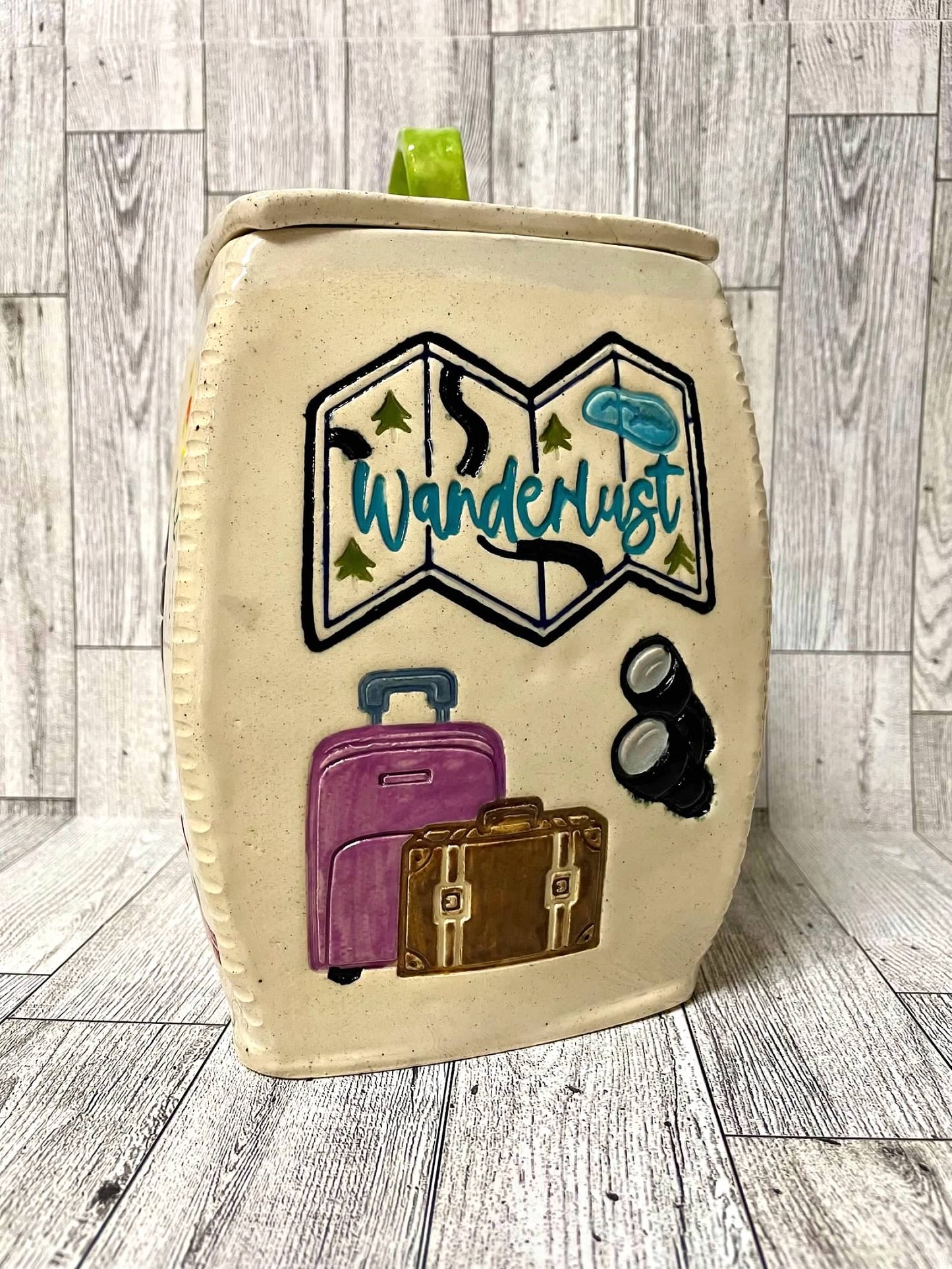 "Wanderlust" with map word pottery stamp, from the March 2024 Travel mystery box, 3d printed, multiple sizes available