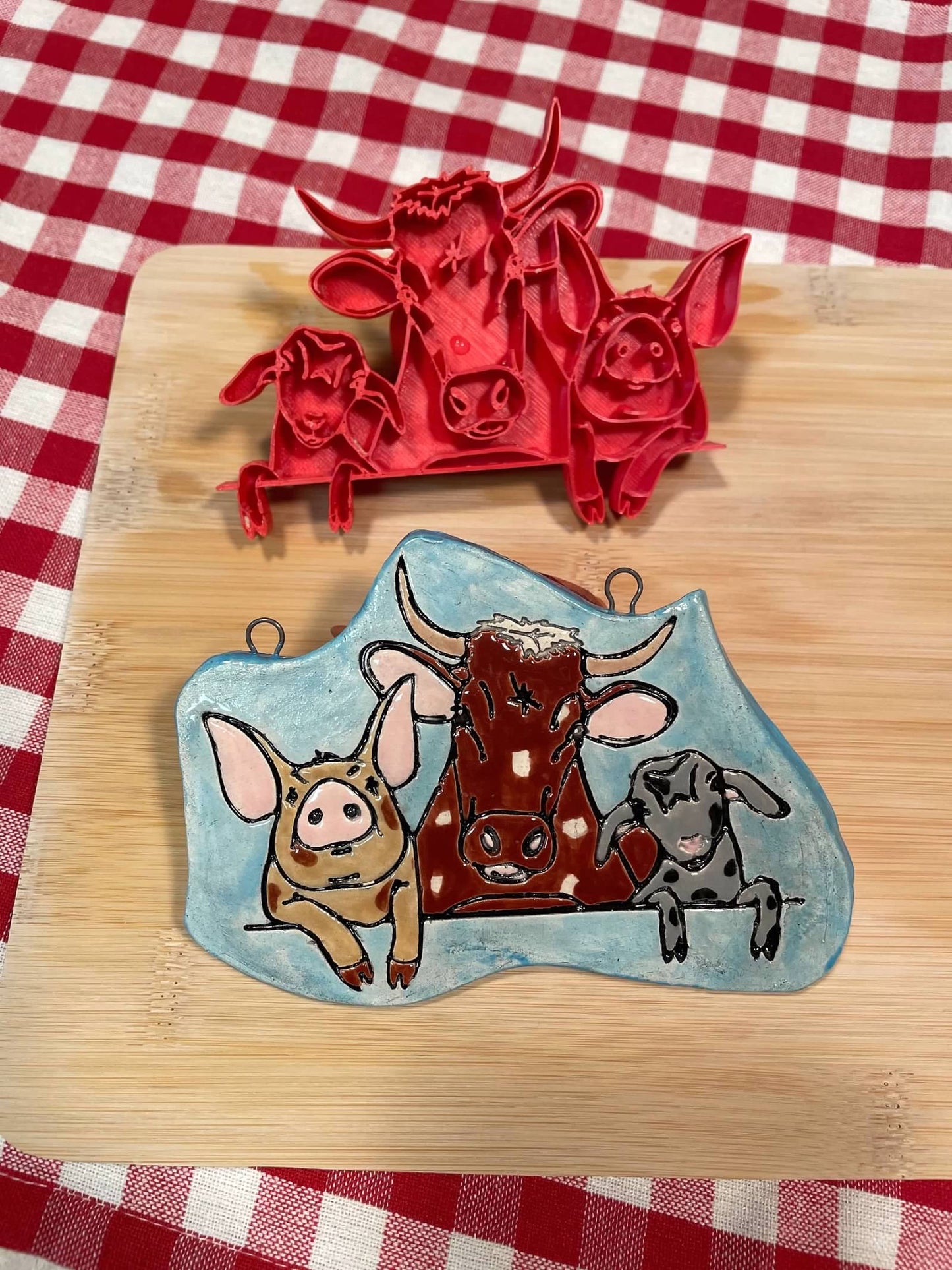 Farm Animals stamp, from the January 2024 mystery box, Cow, Pig and Goat, 5" wide, plastic 3d printed